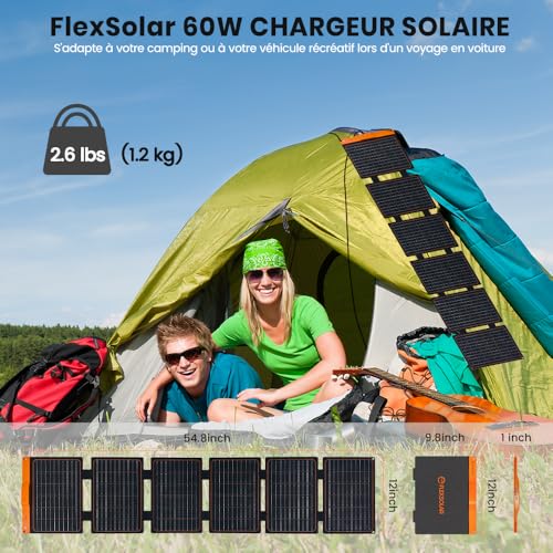 Solar Panel 60 W, FlexSolar Portable Foldable Solar Charger IP67 Waterproof Emergency Camping Power Supply for Small Electric Generator, Phone, Mobile Power Supply, PC