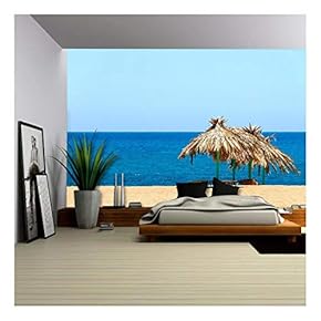 Blue Sea, Golden Sand, Sunbeds and Umbrellas on The Beach. iOS Island, Greece - Removable Wall Mural | Self-Adhesive Large Wallpaper - 66x96 inches