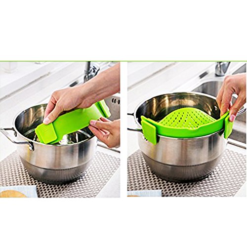Qiyun Clip-on Green Silicone Pasta Snap Strainer Dishwasher Safe Colander Universal Size Fit Most Pans Suitable for Draining Pasta Vegetables Potatoes etc