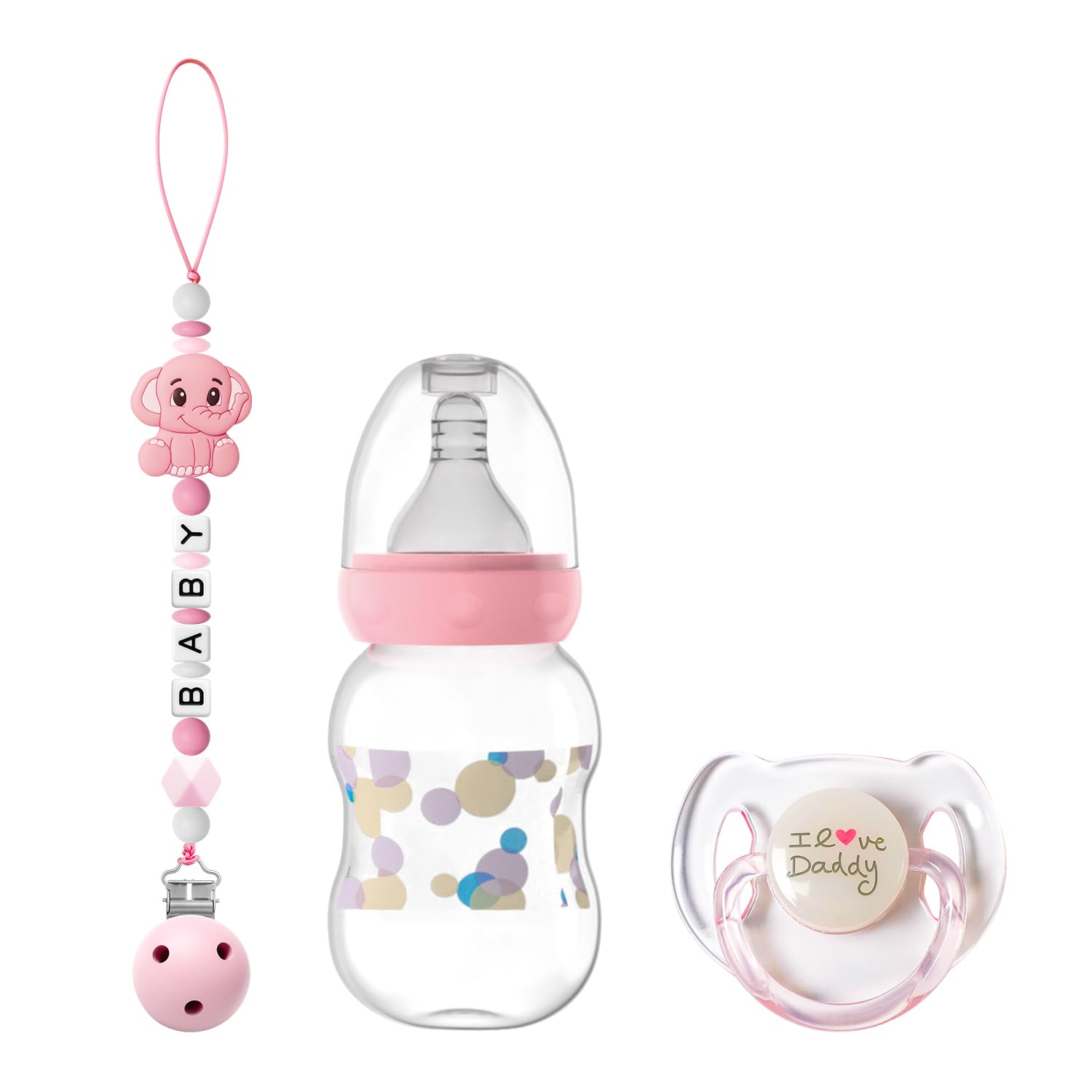 SCOM Reborn Baby Dolls Accessories Set - Rainbow Transparent Magnetic Pacifiers & Removable Reusable Baby Doll Bottles with Silicone Pacifier Clips for Reborn Dolls Girls, Pink Style, 3 Pcs