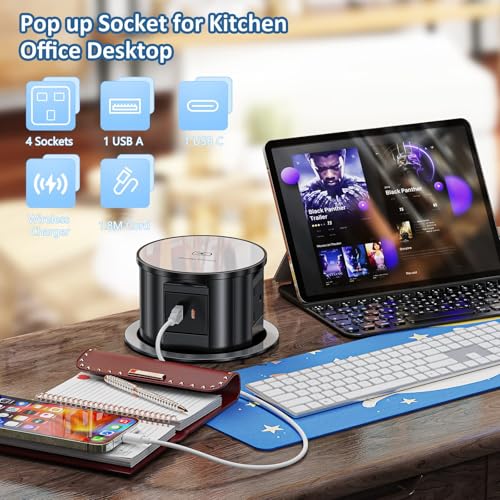 LBOYLOVE® Pop-up Power Socket, Hidden Recessed Power Socket with 15W Wireless Charging, 4 UK Plug Sockets, 1 USB Charger Port & 1 Type-C Charger Port, for Home, Office, Kitchen, Worktops, Desktop