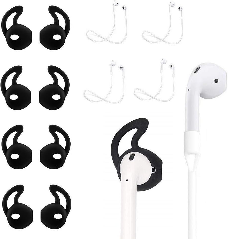 AirPods Case Accessories Ear Hooks and Anti-Lost Strap, AirPods Accessories Silicone Cover with Black Ear Hooks & White Strap (4+4 Pack)