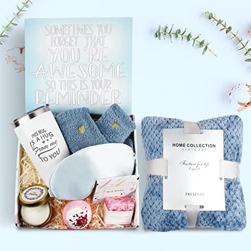Self Care Gift Basket For Women - Includes Luxury Knit Blanket (63"x51"), Tumbler, Socks, Candle, Soap & More - Get Well, Birthday, Mother's Day Gift