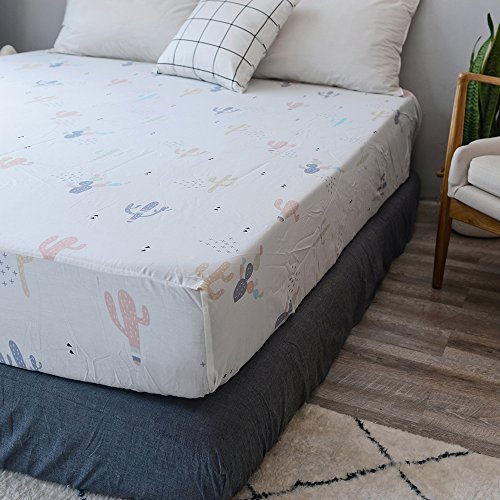 PinkMemory Queen White Fitted Sheet Cactus Print Boys Girls Fitted Bed