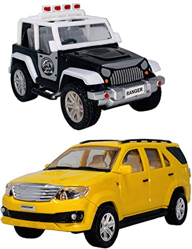 Toyify Pack of 2 Small Size Plastic Made Indian Vehicle Miniature Scale Model Fortune SUV Car + Mini Open Top Jeep Toys for Kids | Made in India Toys | Safe Quality Toys | Color May Vary [ 2 Combo Offer Small Size Toys ]