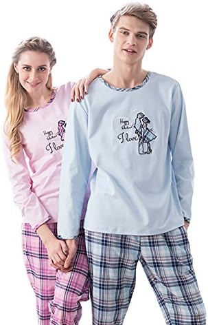 J.B.Y Casual Pajamas Set for Couples, Cotton Round Neck Shirt and Lattice Pants Nightwear (L, Women's)