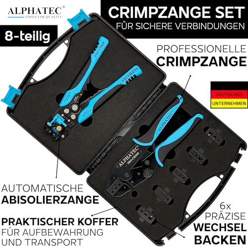 ALPHATEC® Crimpzange Set mit Wechselbacken inkl. automatische Abisolierzange - [0,25-10mm²] - Crimpzange Kabelschuhe, Aderendhülsenzange, Flachstecker, MC4 Zange PV Solar - Krimpzangenset 8-teilig thumbnail 2