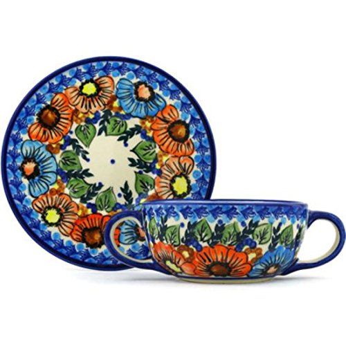 Click Here to See More Images Ceramika Bona H0800H Polish Pottery Ceramic Bouillon Cup with Saucer Hand Painted, 13-Ounce