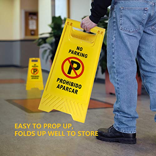 MYSBIKER No Parking Sign, 3 Pack Yellow Sign Stand-Up Floor Signs Readable on Both Sides,with Both English and Spanish - Thumbnail 3