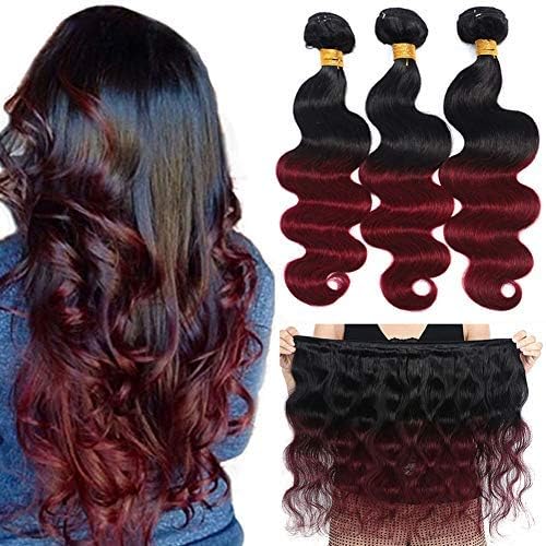 Ombre Brazilian Hair Body Wave Bundles 3pcs,Ombre Brazilian Virgin Hair Human Hair Weave Two Tone Black to Burgundy (T1B/99J,10 12 14)