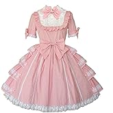 Jeufoin Women Girls Sweet Pink Dress Short Sleeves Kawaii Japanese Style Princess Dresses with Bows