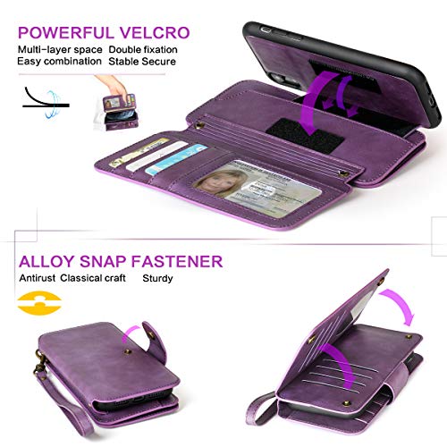 CORNMI iPhone XR Wallet Case, 13 Card Holders Crossbody Wrist Strap Mirror Kickstand Detachable Purse Leather Folio Zipper Pocket Flip Protective Cover