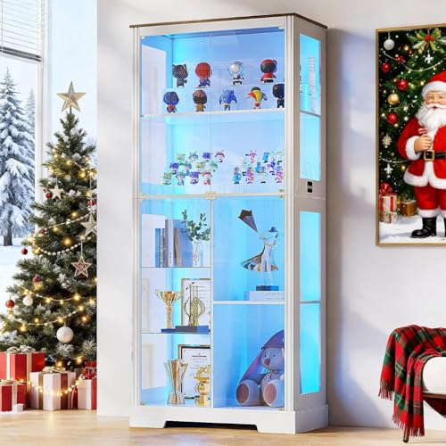 180cm Tall Display Cabinet with Glass Doors, Modern Curio Cabinet with 3 Color Lights, 7-Tiers Glass Display Cases for Collectibles, Tall Lego Storage Cabinet with Human Body Sensor (White)