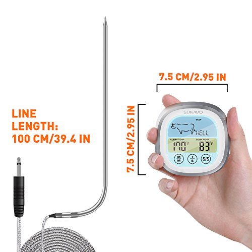 Sunavo MT-04 Touchscreen Cooking Meat Thermometer Digital Food Thermometer Instant Read with Timer Alert for Kitchen Oven Cooking BBQ Grill Smoker with Stainless Steel Temperature Probe