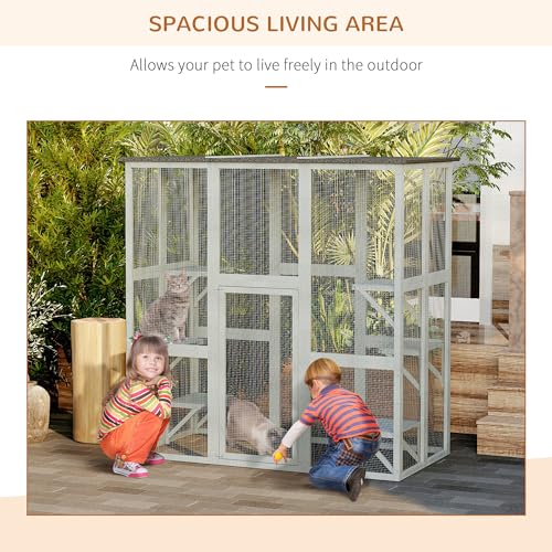PawHut Outdoor Catio Cat Enclosure, Large Weatherproof Cat House with Asphalt Roof, 6 Jumping Platforms, Wooden Walk-in Kitty Cage for Multiple Kittens, 71" x 39" x 71", Grey