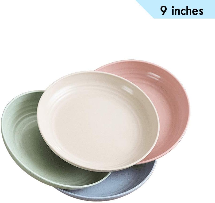 JUHARFA Dinner Plates, 9 in, Wheat Straw Plates, Reusable Plastic Plates Dishwasher and Microwave Safe, ECO Friendly, Unbreakable Dinnerware Set (4 Packs, Large)
