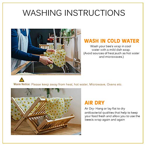 Beeswax Reusable Food Wraps, Washable Organic Cotton Food Wrap, Eco Friendly Plastic Free Food Storage, Zero Waste Reusable Beeswax Wrap- Refrigerator, Kitchen-6 PCS/Pack and Bonus 3 Mesh Bags 2 Ropes