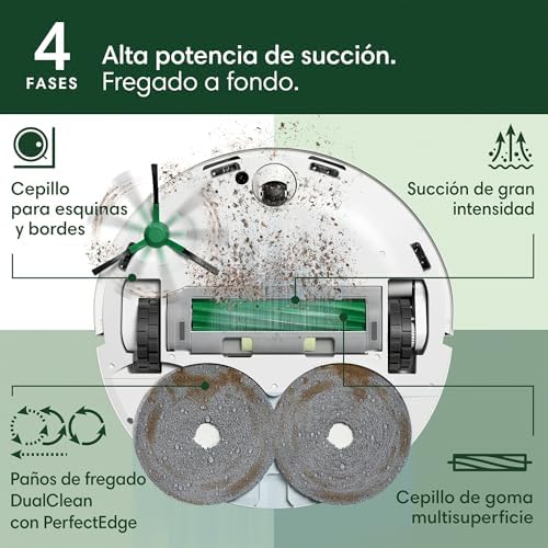 Roomba Plus 505 Combo con Base AutoWash multifunción y autolimpiable, mopas DualClean con PerfectEdge, PrecisionVision IA, Clearview Pro LiDAR, Secado Aire Caliente mopas, 75 días autovaciado_B