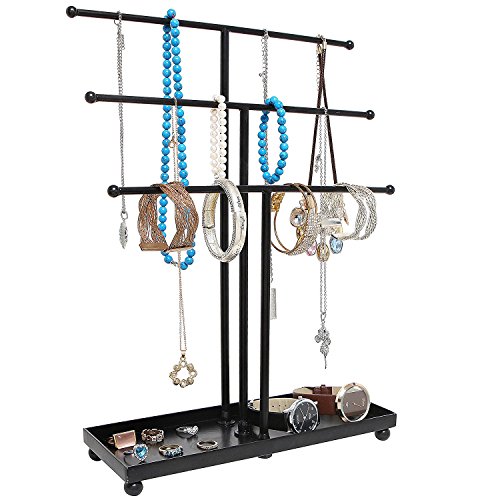 Smarthome Modern Black Metal 3 Tier Tabletop Bracelet & Necklace Jewelry Organizer Display Tree Rack w/Ring Tray - Thumbnail 4
