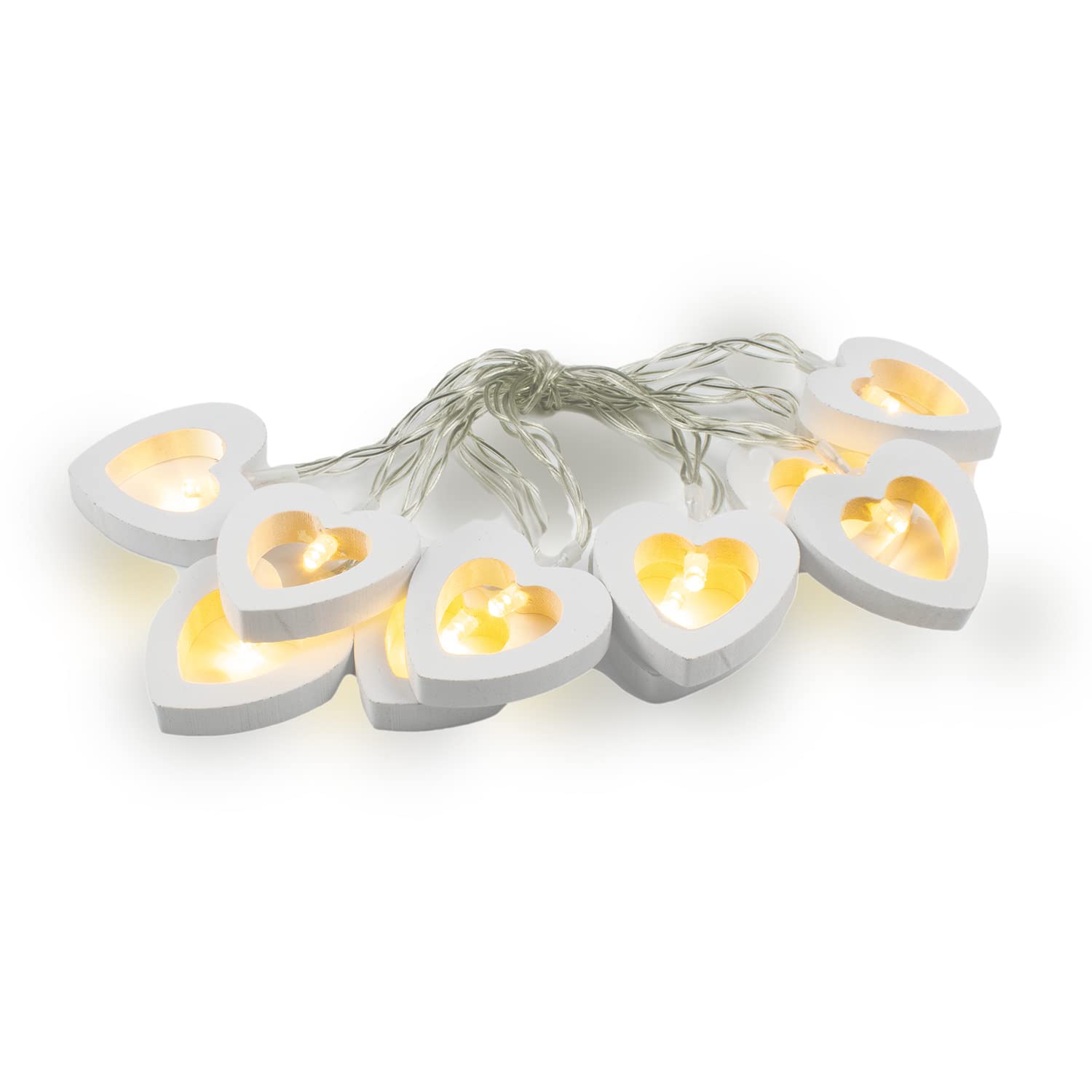 The Glowhouse Premium Wooden Heart String Lights - Battery Operated - 10 Warm White LEDs