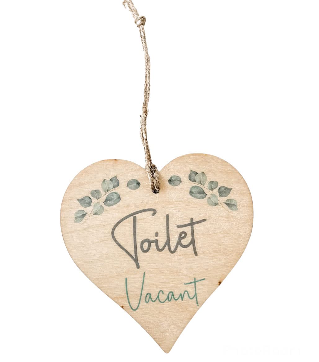 Engaged Vacant Double Sided Toilet Door Sign - Made From Wood - Eucalyptus Design - Heart Shape