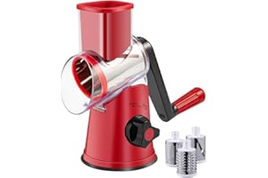 Brigii Rotary Cheese Grater hand crank with 3 Drum Blades, mandoline slicer, Food Chopper for Hard Cheese, Vegetable, Nuts, Potato-Red