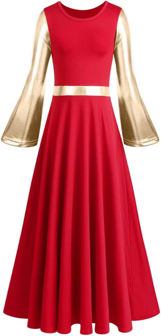 IBAKOM Women Praise Long Sleeve Full Tunic Dance Skirt Adult Metallic Gold Liturgical Worship Robe Dress Loose Fit Dancewear