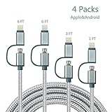 Charlemain bb-224 2-in-1 Lightning and Micro USB Cable, 6'/3'/1' Nylon Braided High Speed Sync and Charging Cable Cord for iPhone X/8/7/6S Plus/5S/Android Samsung/Galaxy/HTC/LG and More - 4 Piece