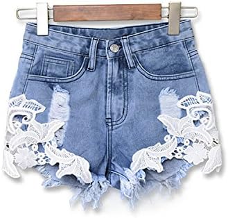 DENGINSGS Casual Womens Ripped High Waist Shorts Lace Crochet Blue Denim Shorts