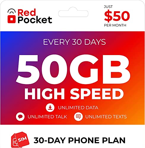 Red Pocket Mobile $50/Month Phone Plan, Free SIM Card for Verizon Wireless-Compatible Phone, Unlimited Data, Talk & Text, 50GB High-Speed 5G & 4G Data
