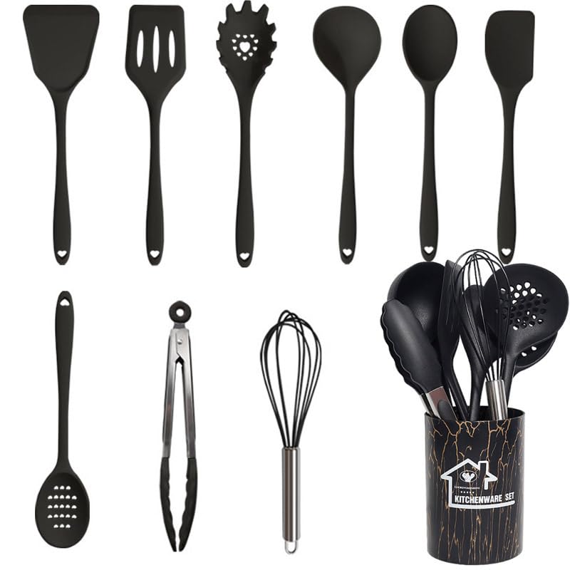 UXIYI Silicone Utensil Set Kitchen Utensils, 10pcs Cooking Utensils Set, Including Turner Spatula Cooking Tong Spoon Non-Stick Heat Resistant,Black