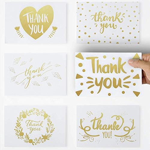 36 Unique Thank You Cards with Gold Color Text, 6 Elegant Greetings Design Thank You Note Cards 4 X 6 with self Glued Envelopes for Birthdays,Weddings,Baby Showers,Graduations,Corporate Events.
