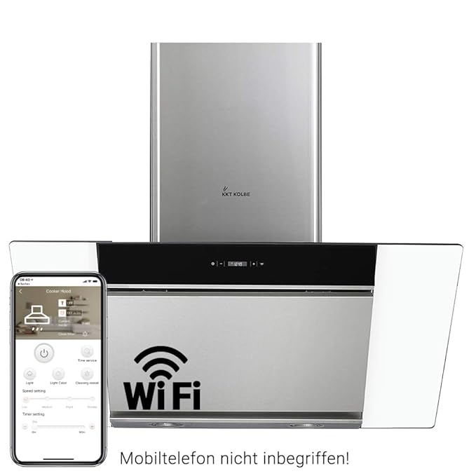 Angled extractor hood, cooker hood (80cm, stainless steel, glass, extra