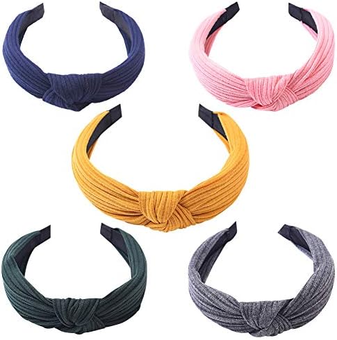 Izett CK Classic Wide Plain Headband For Women,Teens Daily Fashion Stylish Knot Turban Elegance Hairband Headwear Hair Holders Hair Clasp Head Wrap Accessory (Red Wine, Line Yellow, Gray and Black)