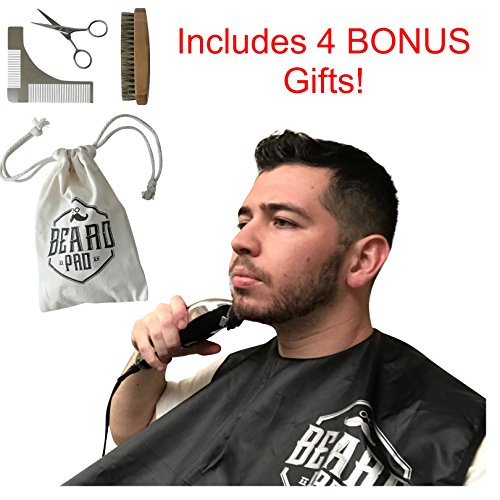 BeardPro - Men s Beard Shaving Hair Catcher Bib Apron w/ Suction Cups, Includes Bonus Accessories: Beard Shaping Template/Comb Shaper Tool, Bamboo Hair Brush, Trimming Scissors, Box and Carrying Bag