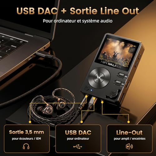 HIFI WALKER H2 Bluetooth Hi-Res MP3 Player, 64GB Audiophile HiFi MP3 Player, ESS DSD FLAC, Portable Audio Player, Zinc Case, USB DAC, Line Out, Expandable up to 512GB