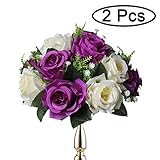 Pack of 2 Fake Flower Bouquet, Plastic Roses with Base, Suit for Wedding/party Centerpiece Road Lead Flower Rack Decorations (Purple & White)