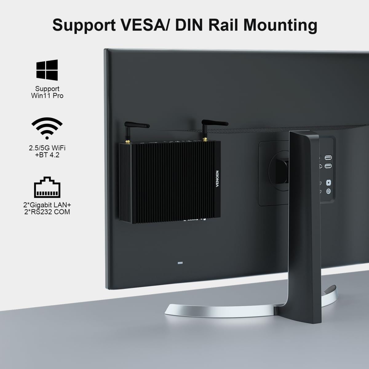 VENOEN Mini PC Lüfterlos i5 Fanless PC Indsutrie Core i5 8250U/8350U, 16GB RAM 512GB SSD, 2X HD 4k Ausgang, 2X RS232 COM, WiFi, 2X Gigabit Ethernet, Industrial PC für Home/Business/Billboard 4