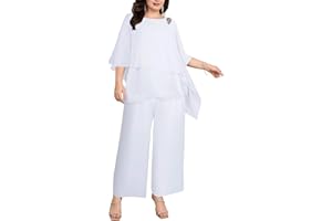 Hanna Nikole Plus Size Mother of Bride Pant Suits 2 Piece Chiffon Sets Ruffle Layers Wedding Guest Outfit
