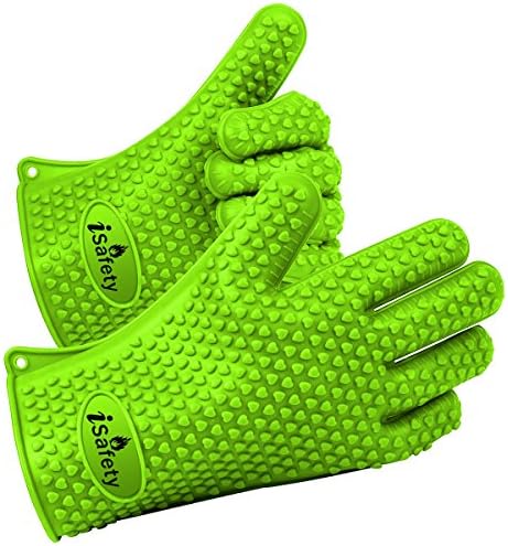 Cooking Gloves Heat Resistant #1 iSafety BBQ Silicon (1 Pair) - Heat & Burn Resistant Best Use for Kitchen Cooking High Temperature Food, Grilling, Microwave Oven or Baking Can Aslo Be Use As Pot Holder, Fully Protected Avoid Accidents with Insulated Waterproof Five Fingured Grip (One Size Fits Most) Green