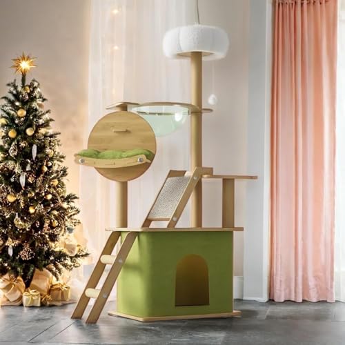 Cat Tree Top 150 cm with 1 Space Capsule, 1 Cat House, 1 Cat Scratching Board, 1 Cat Hammock, 1 Plush Jumping Platform, 1 Toy Ball, 1 Green Cushion (Green)
