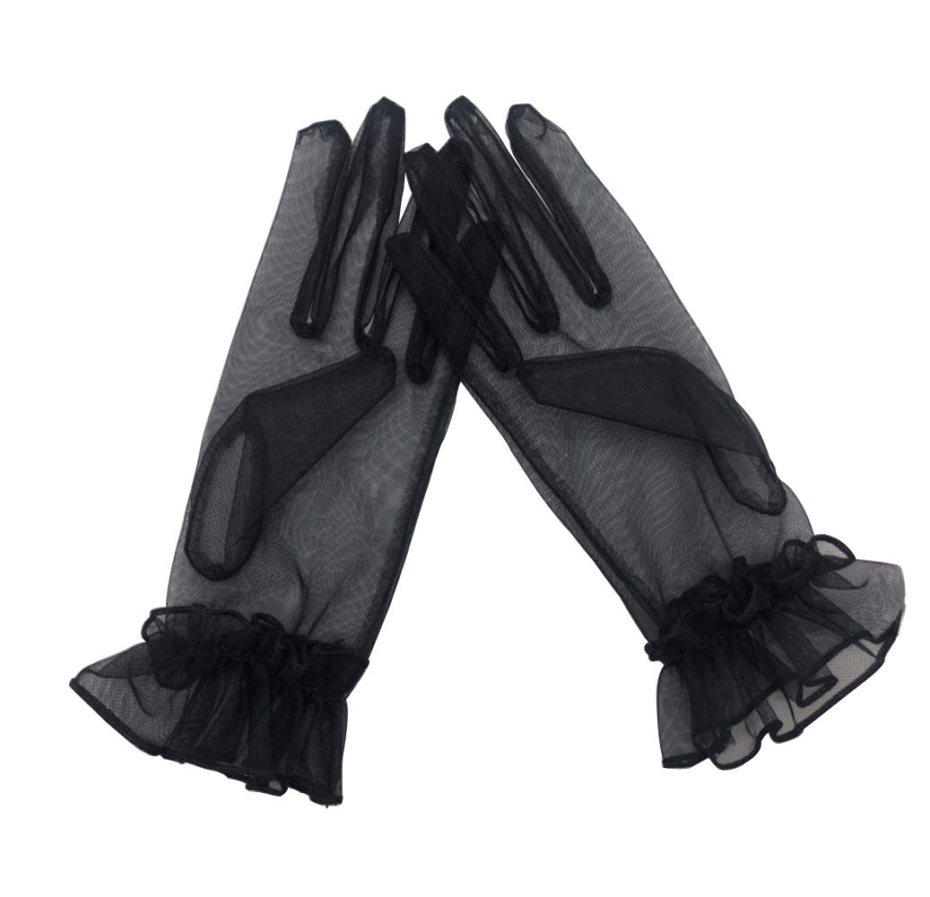 Photo 1 of QRBTSCL Women's Short Mesh Gloves Ruffled Tulle Wedding Party Gloves Short Prom Evening Glove Black