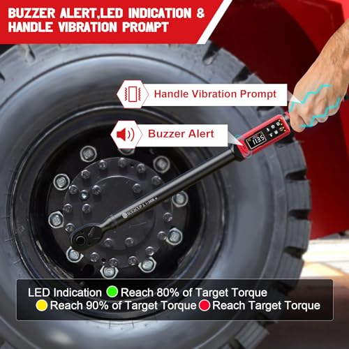 SUERCUP 1/2" Drive Digital Torque Wrench, 3.8-250.8Ft.Lb/5.1-340Nm, ±1% Accuracy, Electronic Torque Wrench with Vibration/Buzzer/LED, 9 Presets & 5 Units, for Lug Nuts, Suspension, Brakes & Moto