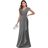 MXODI Cap Sleeve Chiffon Mother of The Bride Dresses for Wedding Mermaid V Neck Lace Long Formal Evening Dress