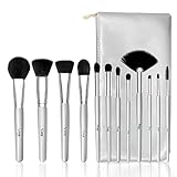 Qivange Makeup Brushes, Synthetic Foundation Eyeshadow Fan Brushes Set+Sponge Puff(12pcs,Silver)