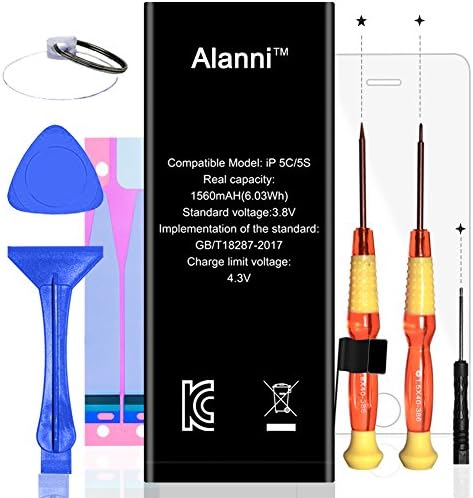 Alanni 1560 mAh Li-ion Battery for iP5S/5C Replacement with Complete Repair Tools Kits Instruction and Screen Protector(Only for iP5S/5C) 2 Year Warranty