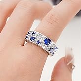 925 Sterling Silver Shiny Full Diamond Sapphire Ring 18K Gold Blue Cubic Zirconia Promise Rings CZ Diamond Multi Row Cocktail Rings Eternity Engagement Wedding Band Ring for Women Z.68 (US Code 9)