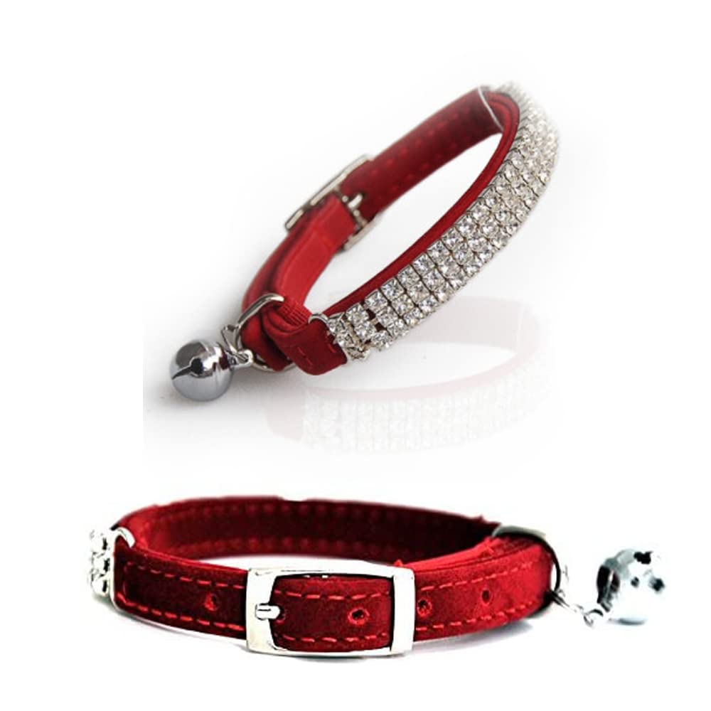 Yitaocity Adjustable Soft Velvet Safe Cat Collar Bling Diamante Pet Collars with Bells for Cats, Small Dogs, Kitty Girls (Red)