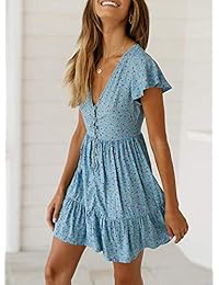 Gemijack - Vestido de verano para mujer, cuello en V, con volantes, manga corta, botones