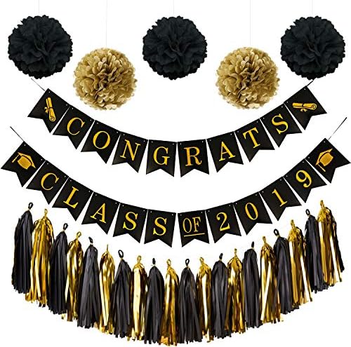 2019 Graduation Decorations Party Supplies Kit, Black and Gold Graduation Party Decorations with Tassels, Graduats Class of 2019 Banners, 20 Pcs Black and Gold Tassels, 5 Pcs Paper Pom Poms TD012A